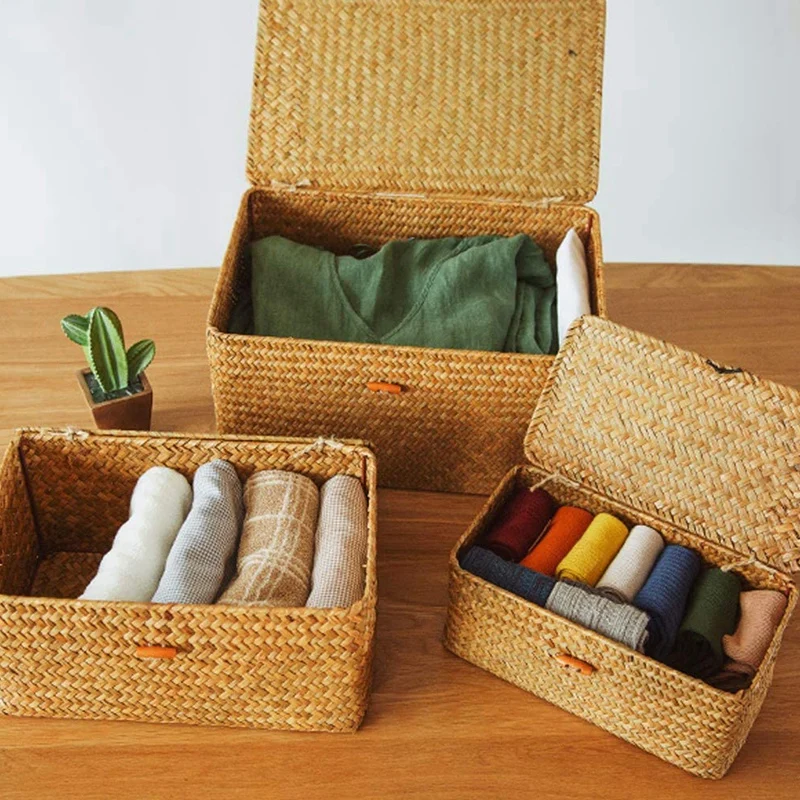 

Woven Wicker Storage Bins with Lid - Set of 3 - Rectangular Seagrass Basket/Storage Basket For Shelf Organizer