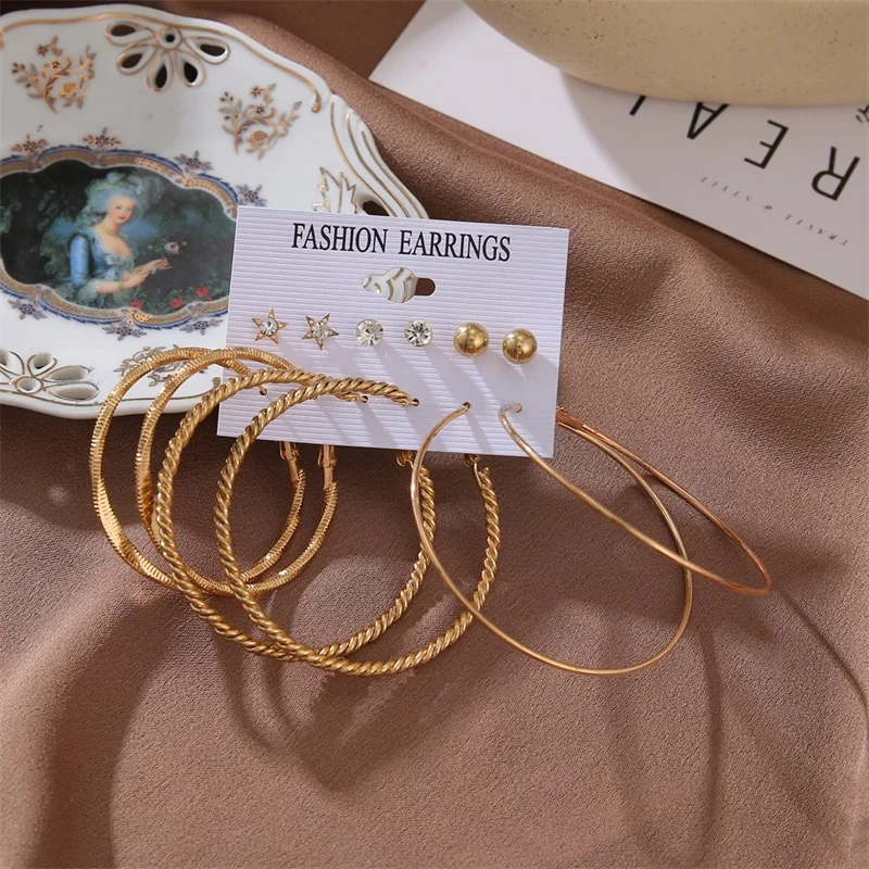 

EN Bohemian Pearl Hoop Earrings Set For Women Oversize Geometric Round Crystal Twist Circle Earring Gold Color Earrings Jewelry
