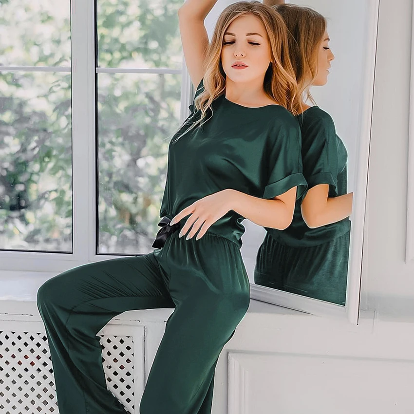 Green Brown Women Sleepwear 2 Piece Set Round Neck Short Sleeve Top Solid Loose Pants Satin Home Wear Casual Suit Sets