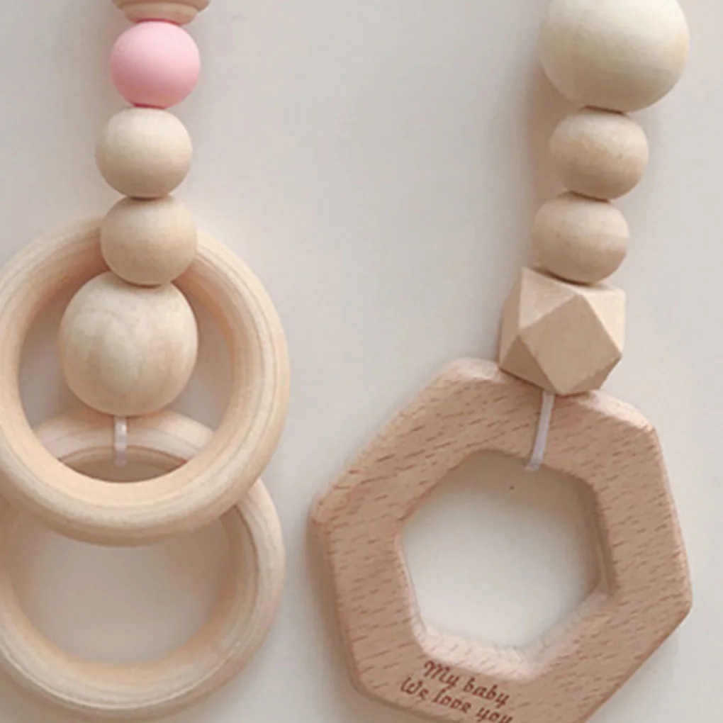 

New 3PCS/Set Baby Play Gym Silicone Beads Wood Teether Toddler Hanger Rattle Wood Ring Teething Toys Newborn Baby Pram Toy