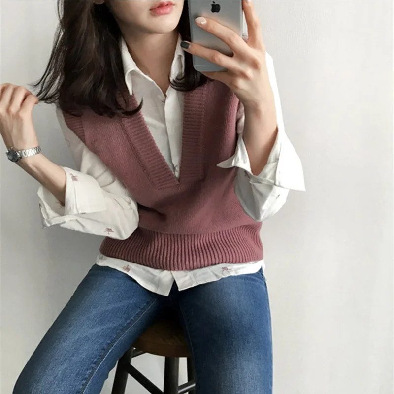 

Septass Women Knitted Vest V-Neck Wool Sweater Vest Spring Autumn Sleeveless Pullovers Waistcoat Pink