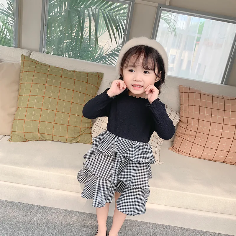Baby Autumn New Arrivals Girl Dress Splicing Plaid Tutu Child Black Long Sleeve Princess Cotton Cute Sweet Dresses | Детская одежда и
