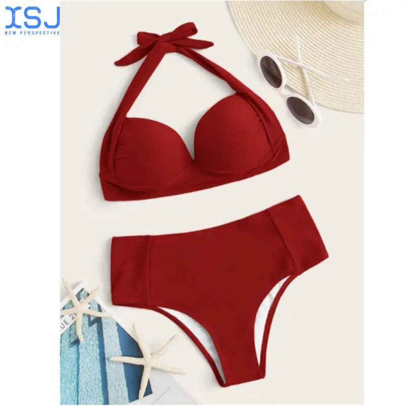 

Европейский и американский новый купальник, женское летнее однотонное пикантное высокоэластичное бикини с жесткой чашкой и открытой спино...