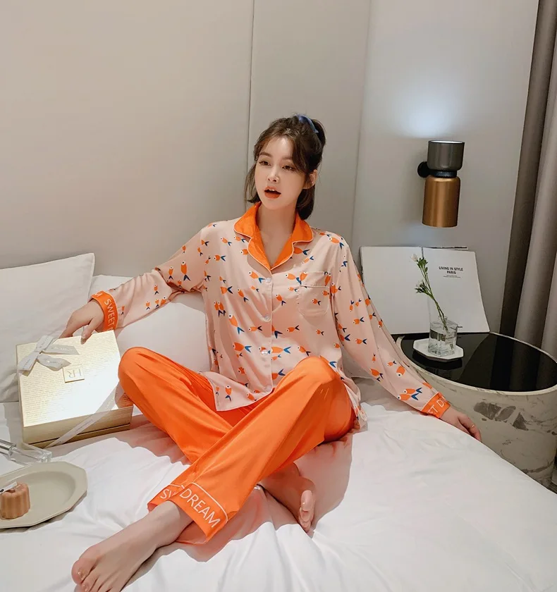 

Fashion Girls Long Sleeve Tops+Pants Sleepwear Women's Fish Printed Rayon Satin Cute Pajamas Casual Lounge Wear