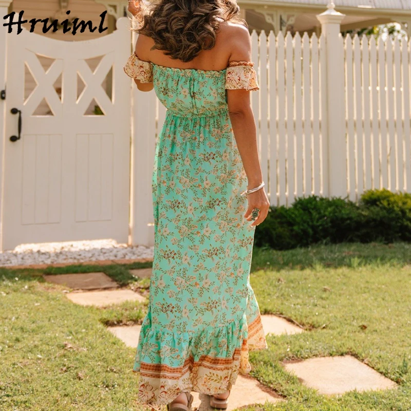 

Fashion Bohemian Dress Sweet Ruffled Strappy One-shoulder Women Printing Lrregular Hem Holidays Casual Vestido De Mulher