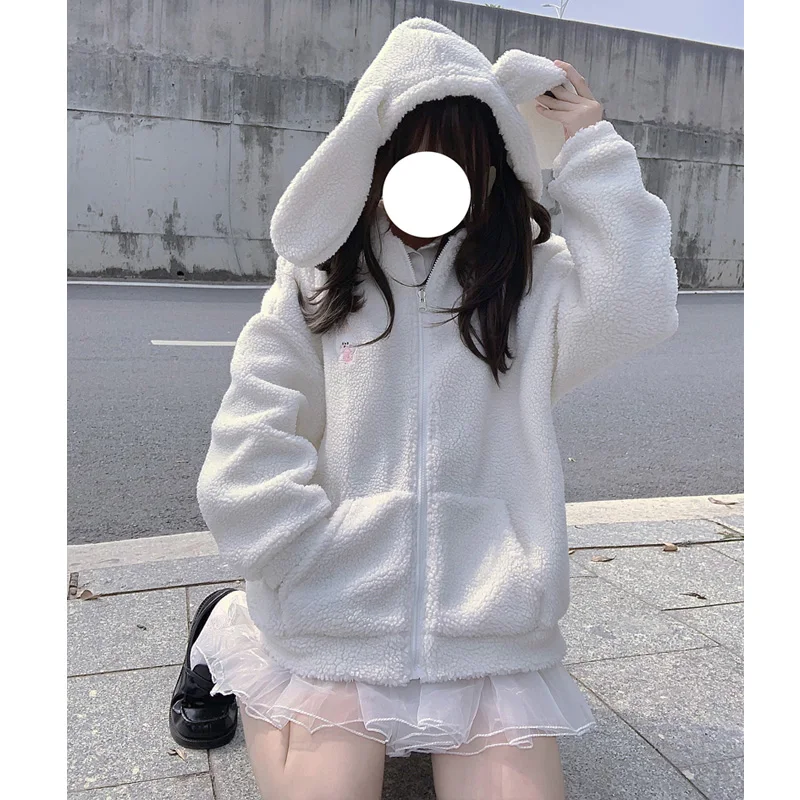 Japanese Sweet Loli Girly Winter Coat Kawaii Rabbit Ear Hooded Cute Lambswool Full Sleeve Zipper Keep Outerweat Y2k Women Jacket