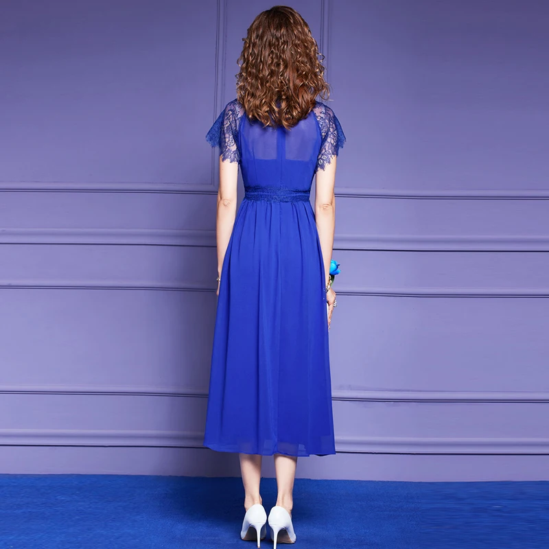 

Color Block Lace Stitching Short Sleeve Midi Summer Dresses for Women 2021 New Designer Office Lady Party Robe Femme