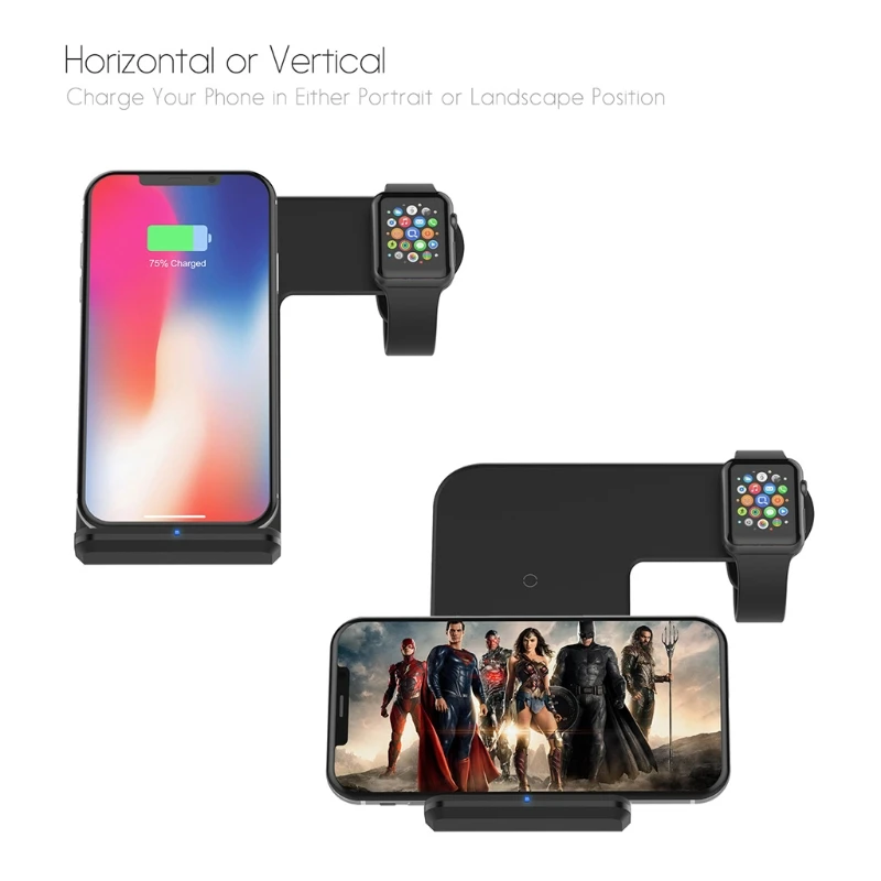 

Black Mobile Phone Watch Black 2 in 1 Vertical Fast Charging Wireless Charging Stand Cell Portable Phone Holder