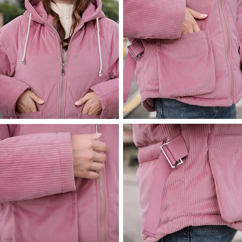 

2020 Winter corduroy jacket Women Velvet Fabric Hooded Outwear Padded Female Coat Solid Short Style Jackets Thick Casual Parkas