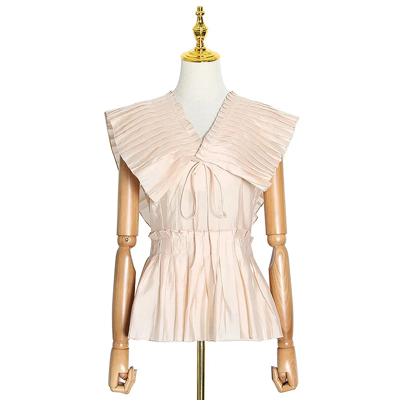 

Tide brand design new women's temperament light ripe pleated sleeveless bow slim slim jacket