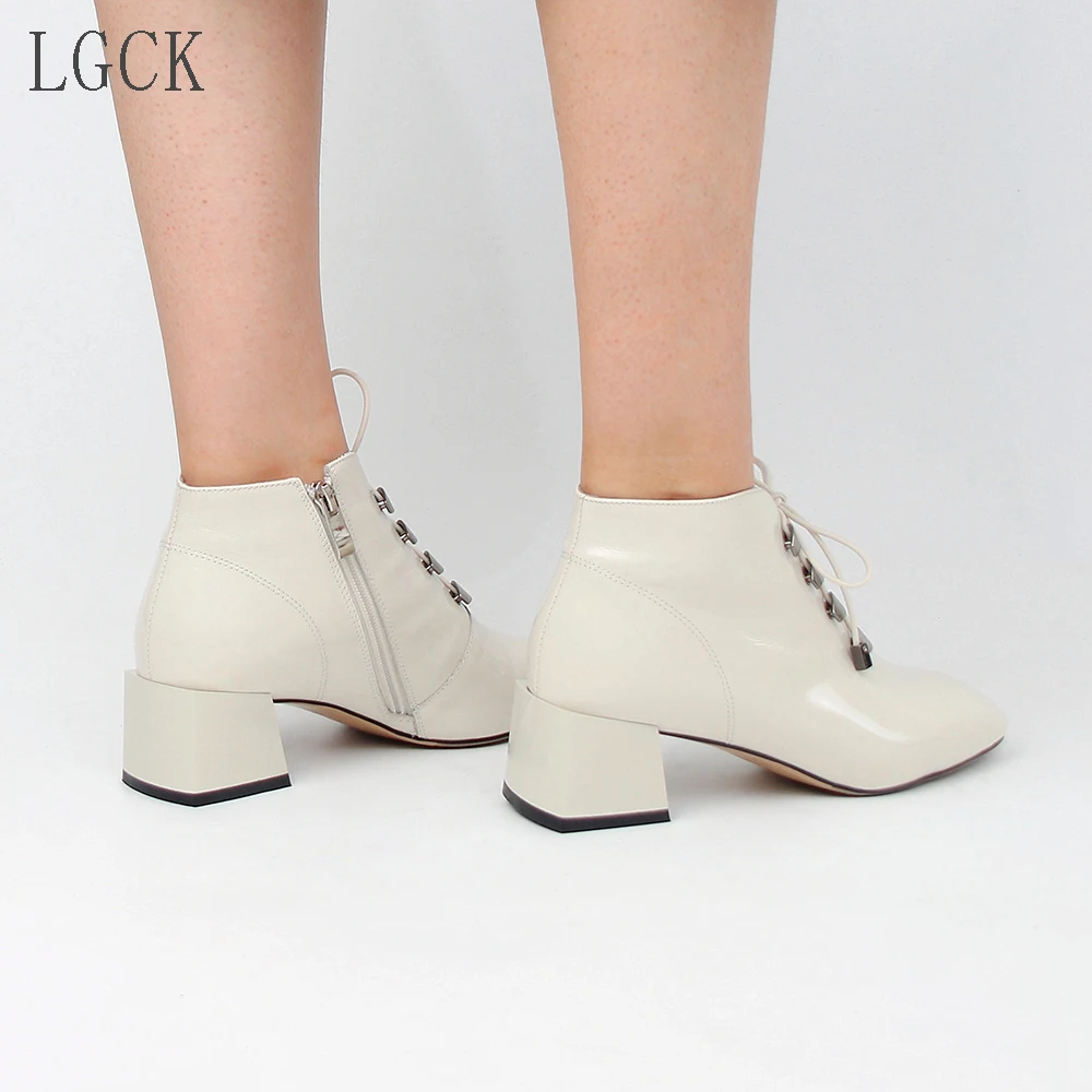 Murah Ukuran 34-43 Kulit Asli Wanita Sepatu Baru Renda Square Rendah Desire Fashion Kantor Martin Kulit Paten Sepatu