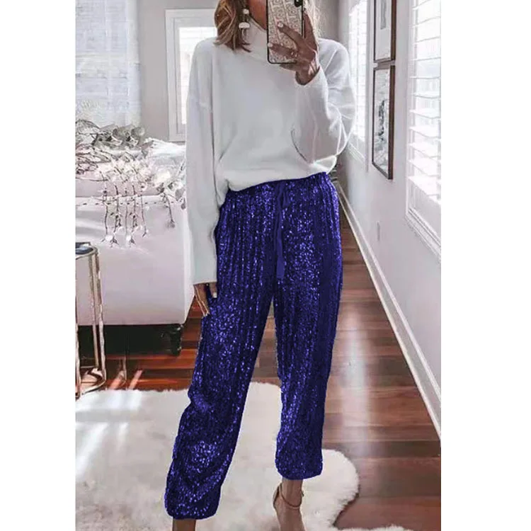 

New Fashion Loose Ruffle High Waist Drawstring Leg Shiny Pants Hip Hop Trouser