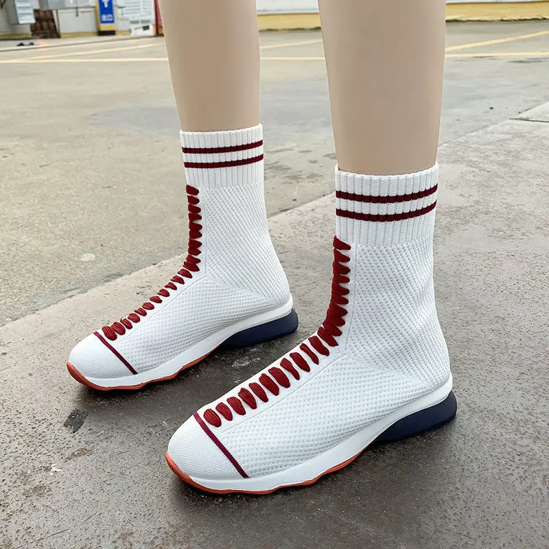 

Женская обувь больших размеров 35-43, эластичные сапоги-носки, Корейская версия универсальных коротких сапог из плетеного материала с высоко...