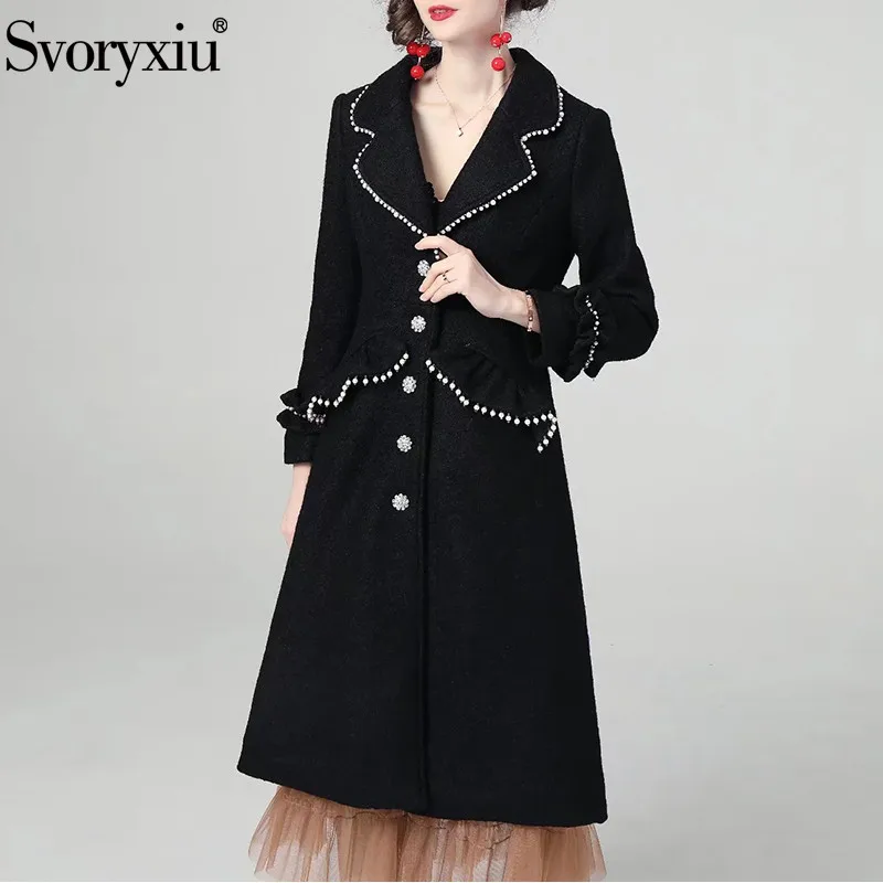 

Svoryxiu Runway Fashion Winter Black Long Section Overcoat Coat Lapel Beaded Straight Type Solid Single Breasted Female Coat