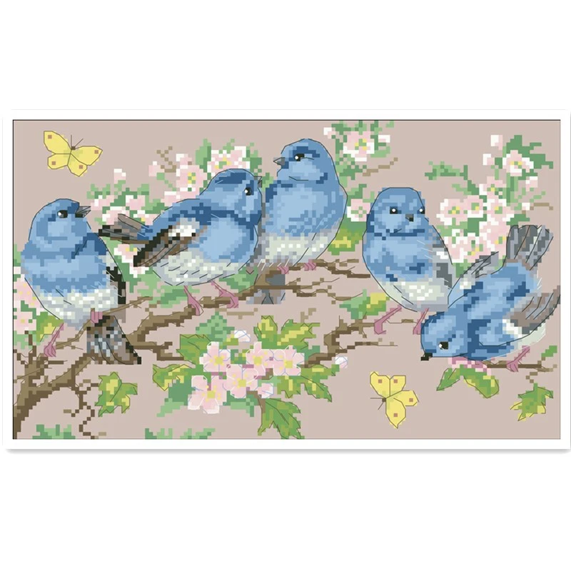 

Five blue birds cross stitch kit flower design cotton silk thread 18ct 14ct 11ct linen flaxen canvas embroidery DIY needlework