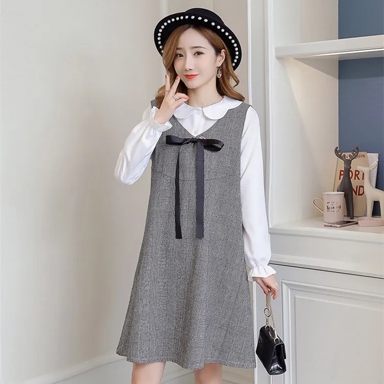 6596 Black 6596# 2PCS/Set Autumn Korean Fashion Maternity Dress Sweet Lovely Straight Loose Clothes for Pregnant Women Fall Pregnancy - Color: 6596 Black