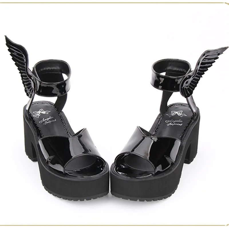 

Maid Dress Lolita Platform Demon Wings Women's Chunky Sandals Dark Punk Style Summer Female Shoes Handmade Ladies Wedge Shoes