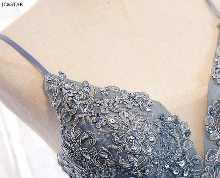 

Vestidos para festa new sexy V neck lace thin strap dusty blue high low bridesmaid dress Tea-Length robe demoiselle d'honneur