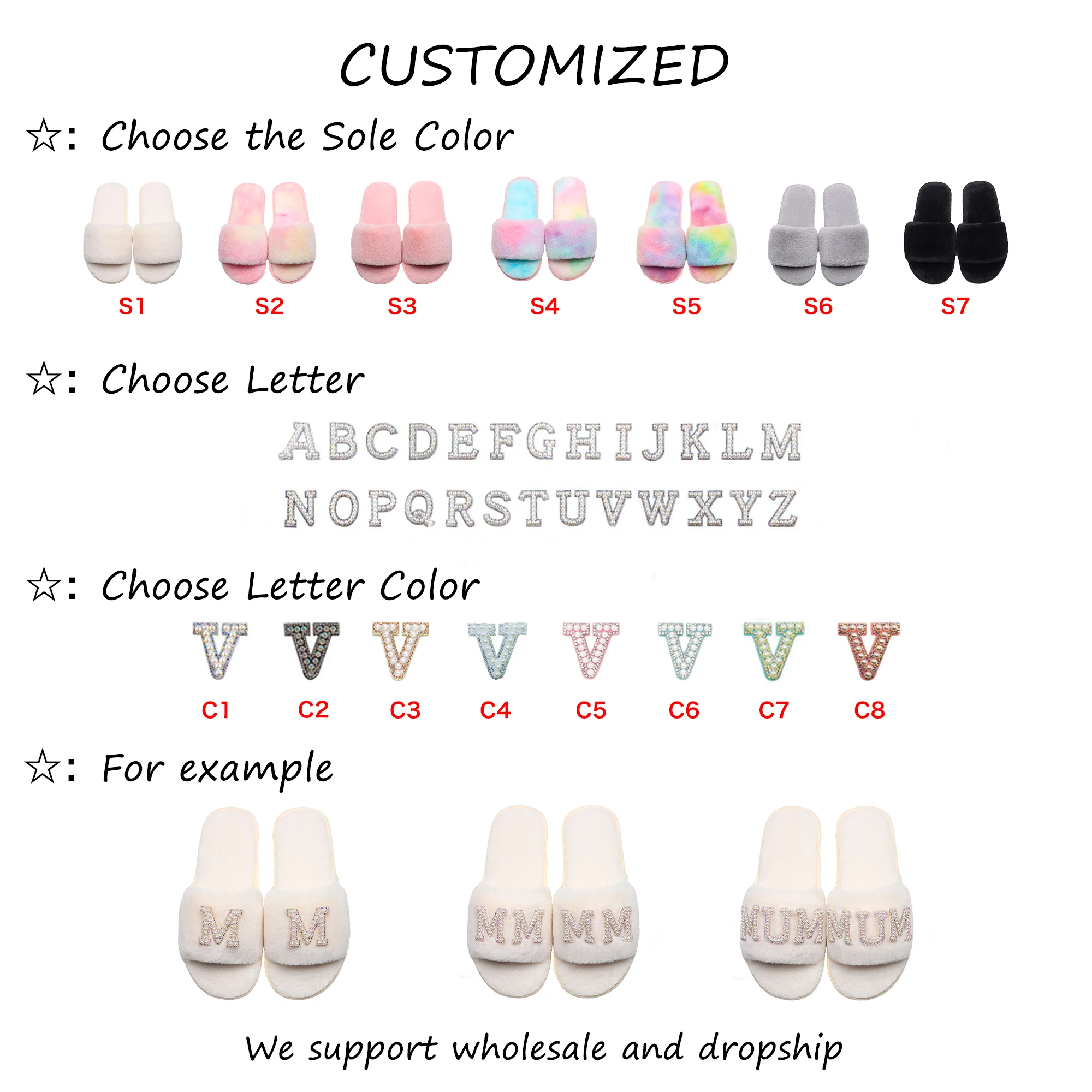 personalized slippers women custom pearl letter decor fluffy house slippers female faux fur slides open toe flat shoes hen party free global shipping