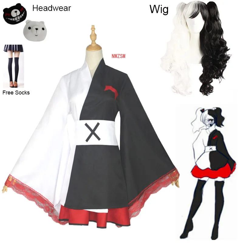 

2020 Monokuma Cosplay Costume Danganronpa Woman's Cosplay Wig Kuma Coat and Skirts Suit Halloween Girl Anime Costumes