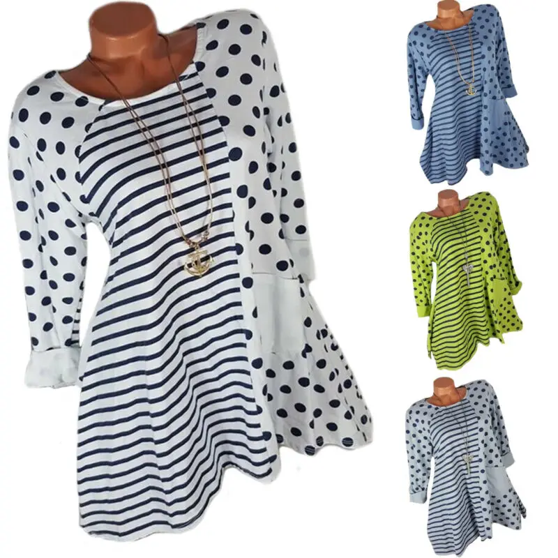 

Womens Long Sleeve Blouse Casual Dress Ladies Striped Polka Dot Tops Plus Size