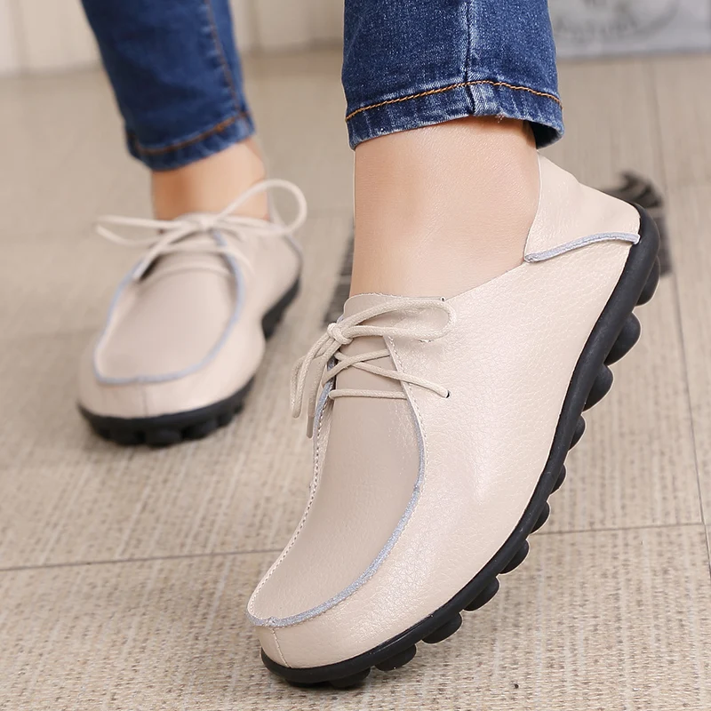 

2022Spring Autumn Shoes Woman Genuine Leather Women Flats Shallow Women's Loafers Sewing Female Shoe Big Size 34-44