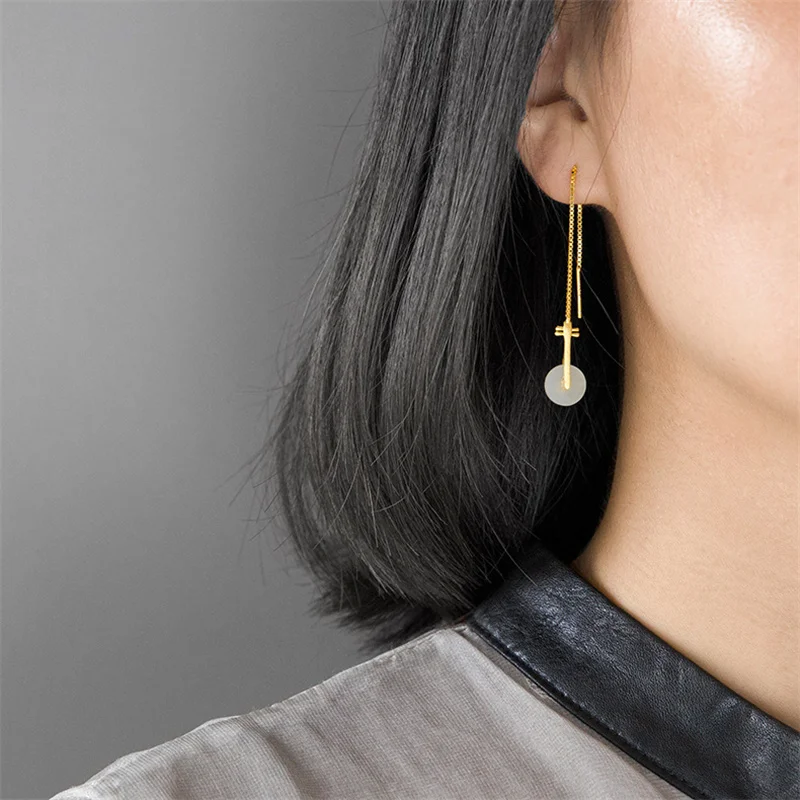 

INATURE Classical Style Instrument 925 Sterling Silver Natural Jade Drop Earrings For Women Jewelry