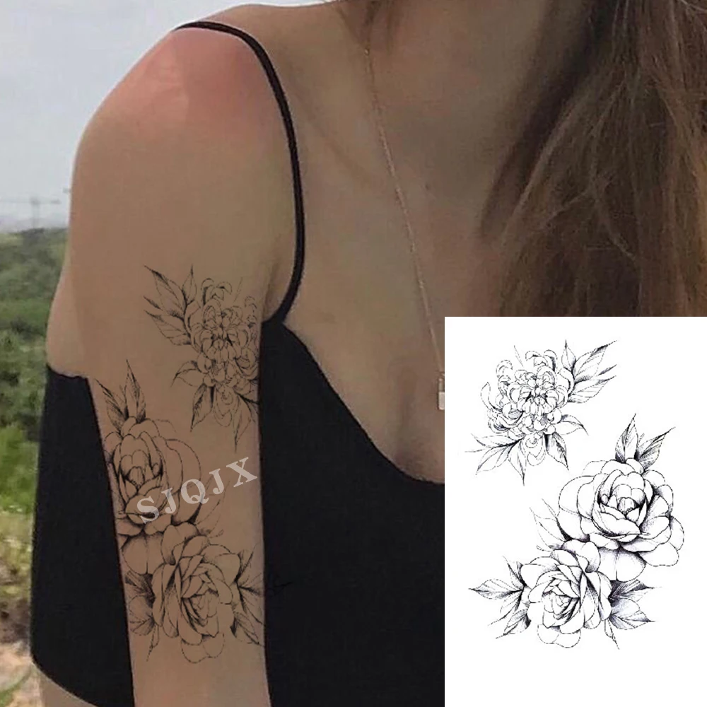 1 шт. de moda las mujeres chica tatuaje temporal etiqueta negro diseño rosas flor llena Body art para brasos grande fals | Красота и