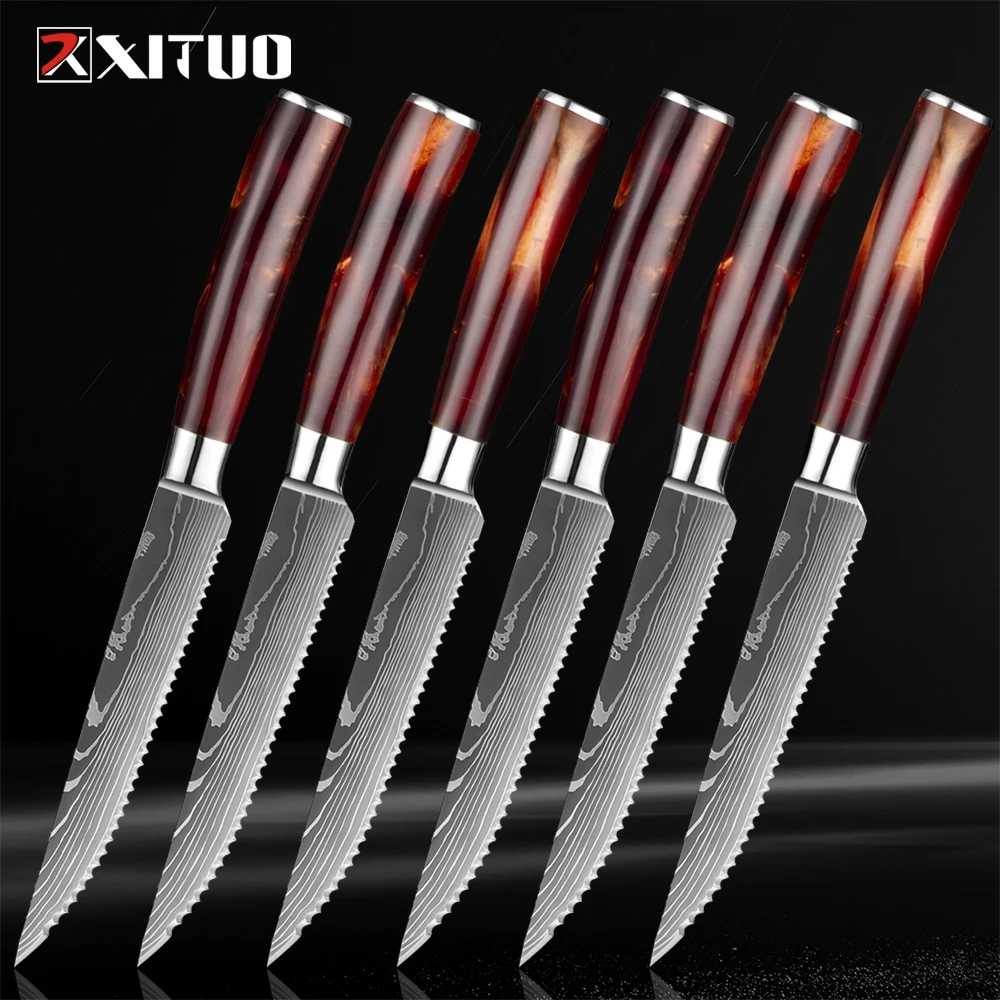Набор ножей для стейка XITUO из нержавеющей стали с Дамасским узором зубчатый нож