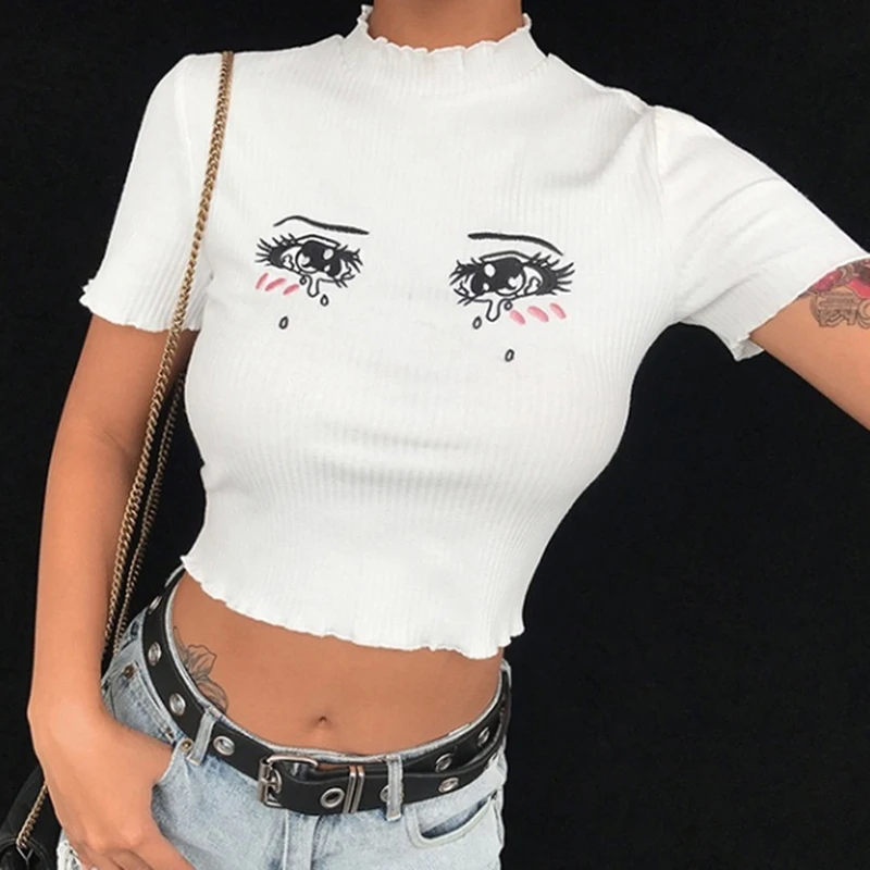 

Anime Girls Cosplay Vest Pullovers Cartoon Embroidery Cute Crying Eye Lolita Costume Women Open Navel Thin Short Sleeve