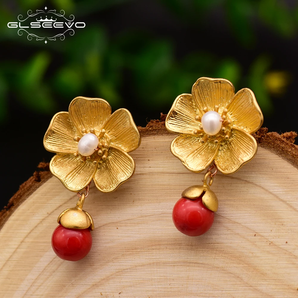 

GLSEEVO Handmade Natural Red Stone Dangle Earring For Women Fresh Water Pearl Earring Handade Flower Vintage Jewelry GE0041