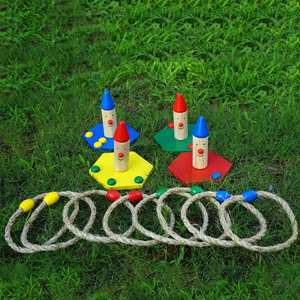 

Ring Toss Play Set Children Rope Throwing Game Outdoor Toy Educational And Fun 4 Pedestal+8 Hemprope Ring