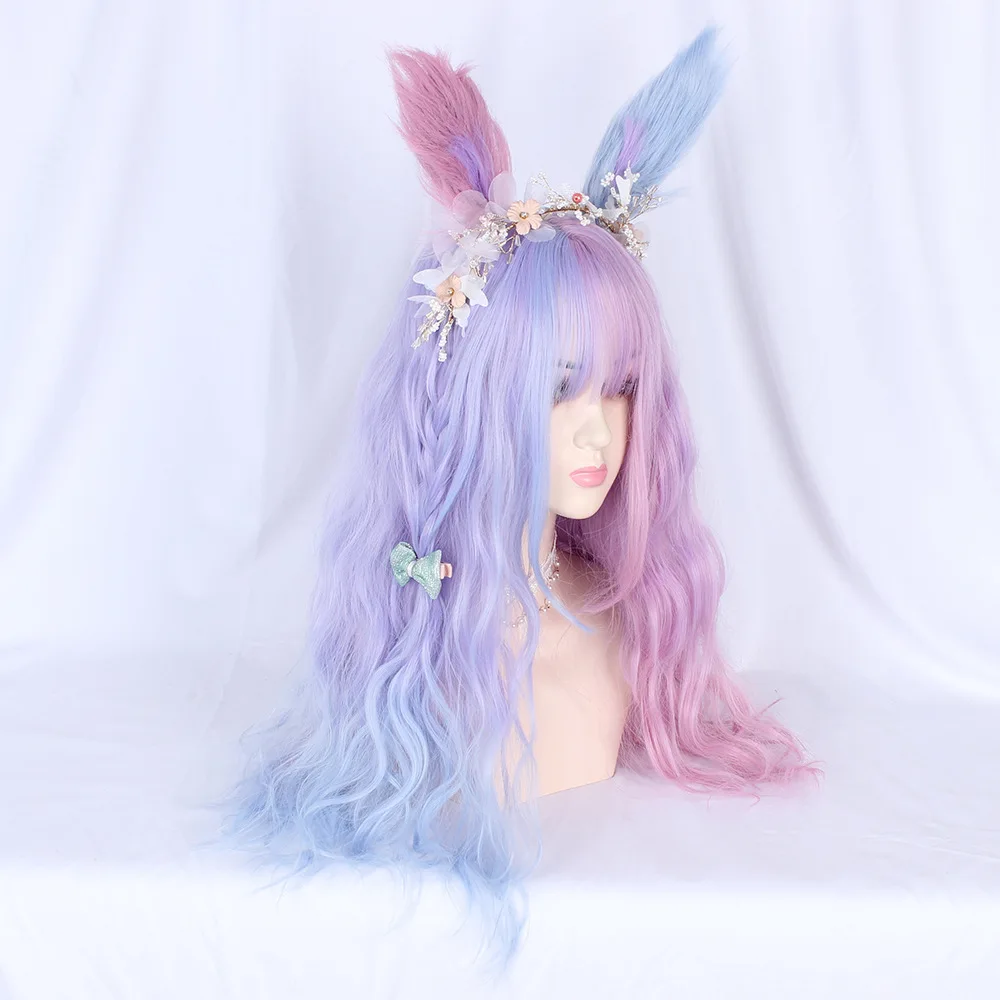 

Anime Cosplay Mix Lolita Long Curly Purple Mixed Blue Ombre Bangs with Buns Headband Japan Cute Ladies Cosplay Synthetic Wig