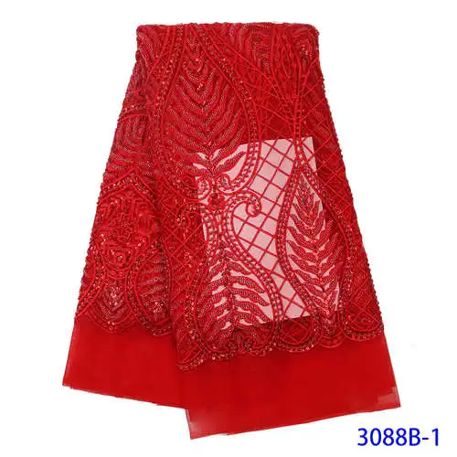 picture 1 Горячая нигерийские вечерние новые красные оптом тюль кружевной ткани ткань с вышивкой бисером QF3088B-1 - Цвет: picture 1