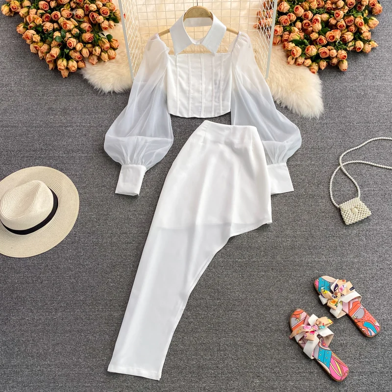

French Hanging Neck Square Neck Shirt Long Sleeve Short Navel Exposed Foreign Style Top Two-piece Suit High Waist Medium Long