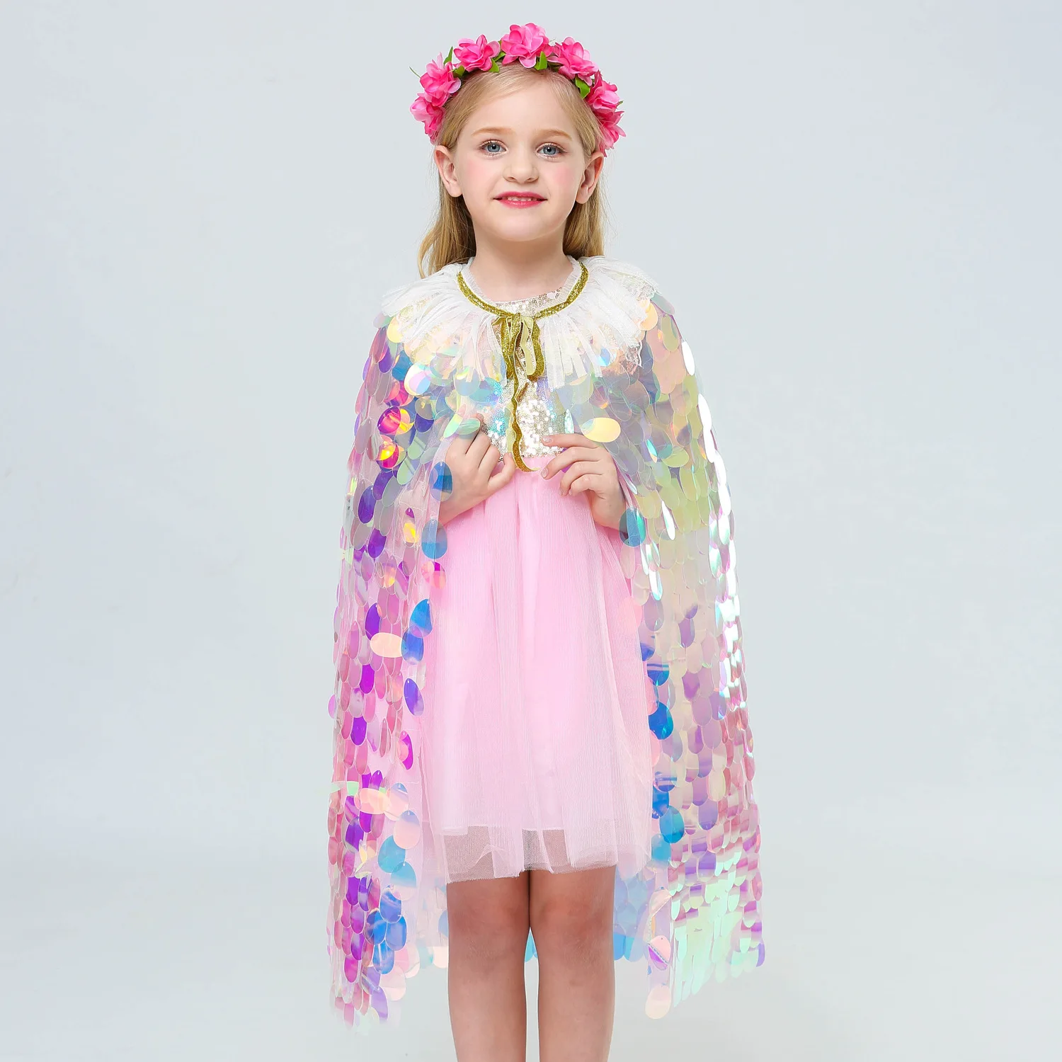 Sequins Princess Girls Cape Cloak for Beach Party Costume Children Rainbow Shawl Cosplay Christmas Kids Girl Wrap | Детская одежда и
