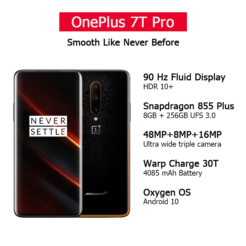 Глобальная ROM OnePlus 7T Pro Mclaren Edition Snapdragon 855 + 6 67 'AMOLED экран 90 Гц Частота обновления 48MP