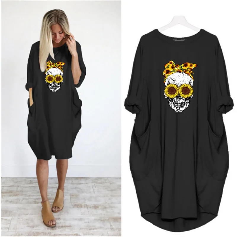 

Sunflower&skull Print Women Midi Dresses Plus Size Long Sleeve o Neck Pocket Autumn Loose Vintage Vestidos Robe Femme Streetwear