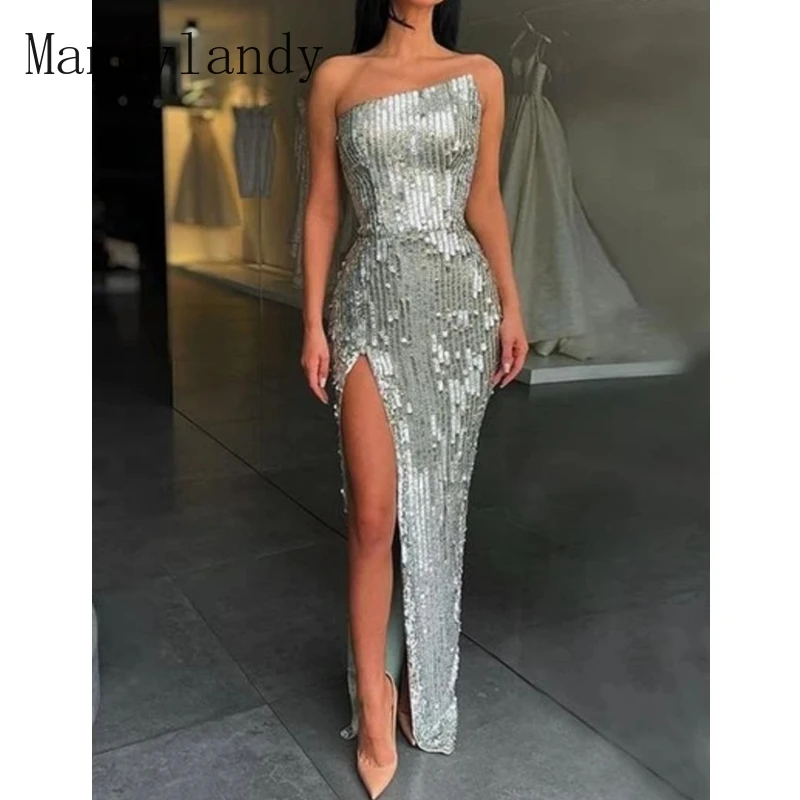 

Mandylandy Dress Elegant Sequined Strapless Backless Slit Party Formal Dress Women's Sexy Solid Color Slim High Waist Slit Dress