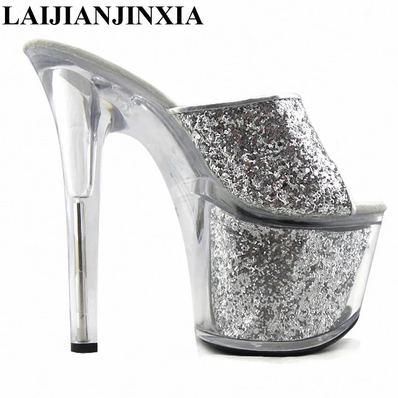 New 17cm high heel crystal sandals, super thick waterproof platform transparent sandals, Dance Shoes