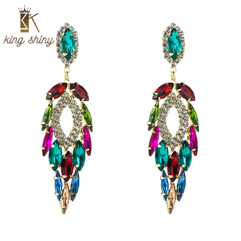 

King Shiny Trendy Multi Color Crystal Dangle Earrings Vintage Sparklry Rhinestone Long Drop Earrings Bridal Wedding Ear Jewelry