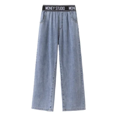 

4XL Plus Size Women Pants Casual Denim Wide leg pants Elastic waist Jeans High Waist loose straight women's clothing Trousers