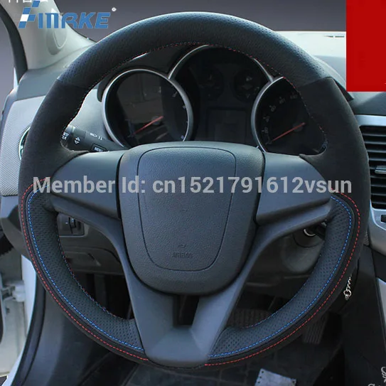 

For Chevrolet Cruze High Quality Hand-stitched Anti-Slip Black Leather Black Suede Red Blue Thread DIY Steering Wheel Cover