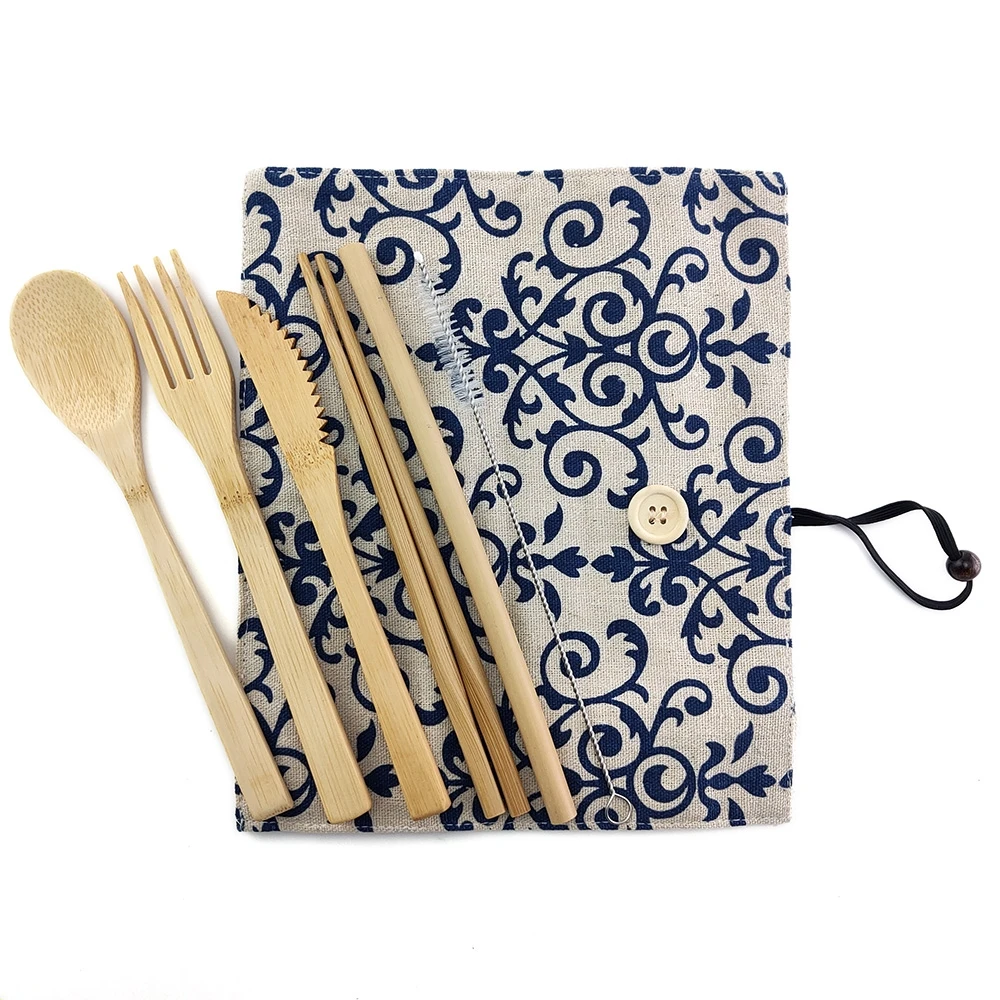 

Hot Eco Friendly Cutlery Set Bamboo Tableware Set Knife Fork Spoon Flatware Set and Cloth bag Outdoor Portable Kitchen Utensils