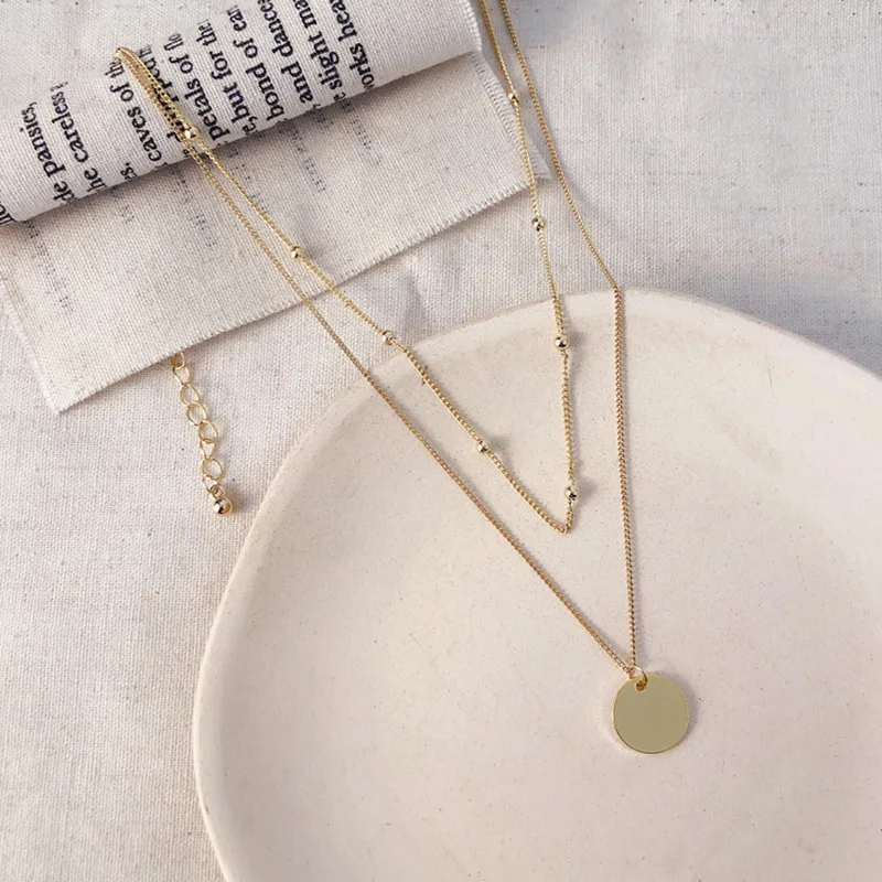 

Trendy Gold Silver Color Double Layer Choker Necklace Round Piece Pendant Necklaces Gift For Women Fine Accessories Jewelry
