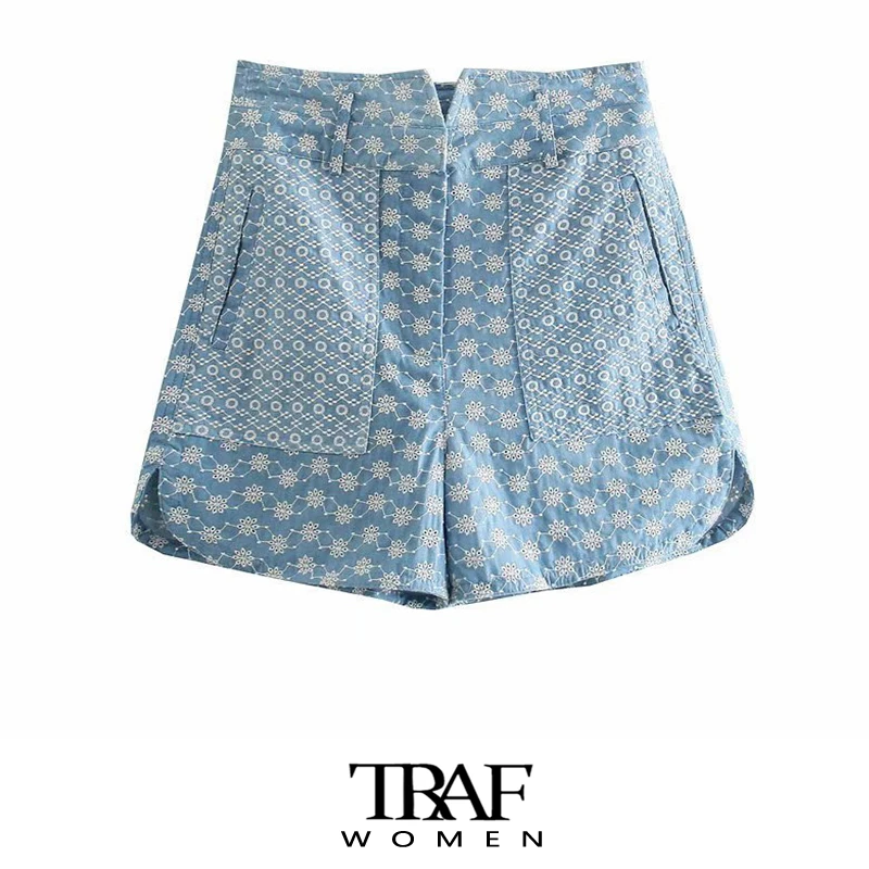 

Шорты TRAF Za женские с боковыми карманами, Модные Винтажные Короткие штаны с вышивкой, на молнии, с завышенной талией