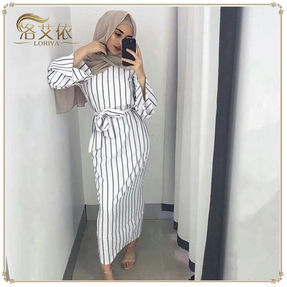 

Muslim Stripe Maxi Dress Trumpet Sleeve Abaya Long Skirt Robe Gowns Tunic Kimono Jubah Middle East Ramadan Arab Islamic Clothing