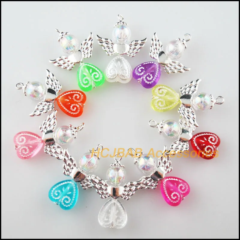 

10Pcs Silver Plated Heart Flower Angel Mixed Acrylic Ball Beads Charms Pendants 22x30mm