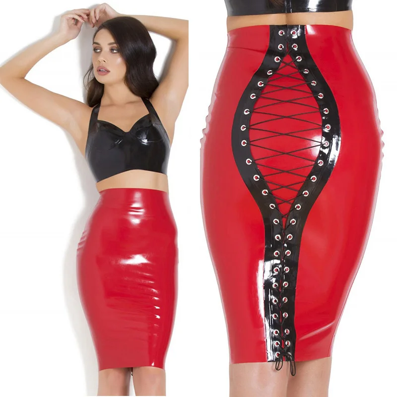 Высокое качество ПВХ Плотный розовый цвет: черный белый бандажные юбки женские