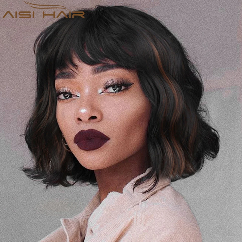

AISI HAIR Short Wavy Wig with Bangs Synthetic Wigs for Women Natural Brown Mixed Black Hair Bob Wig Daily Heat Resistant Fiber